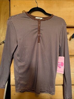 Heart Hips Brown & White Striped Henley Long Sleeve Top